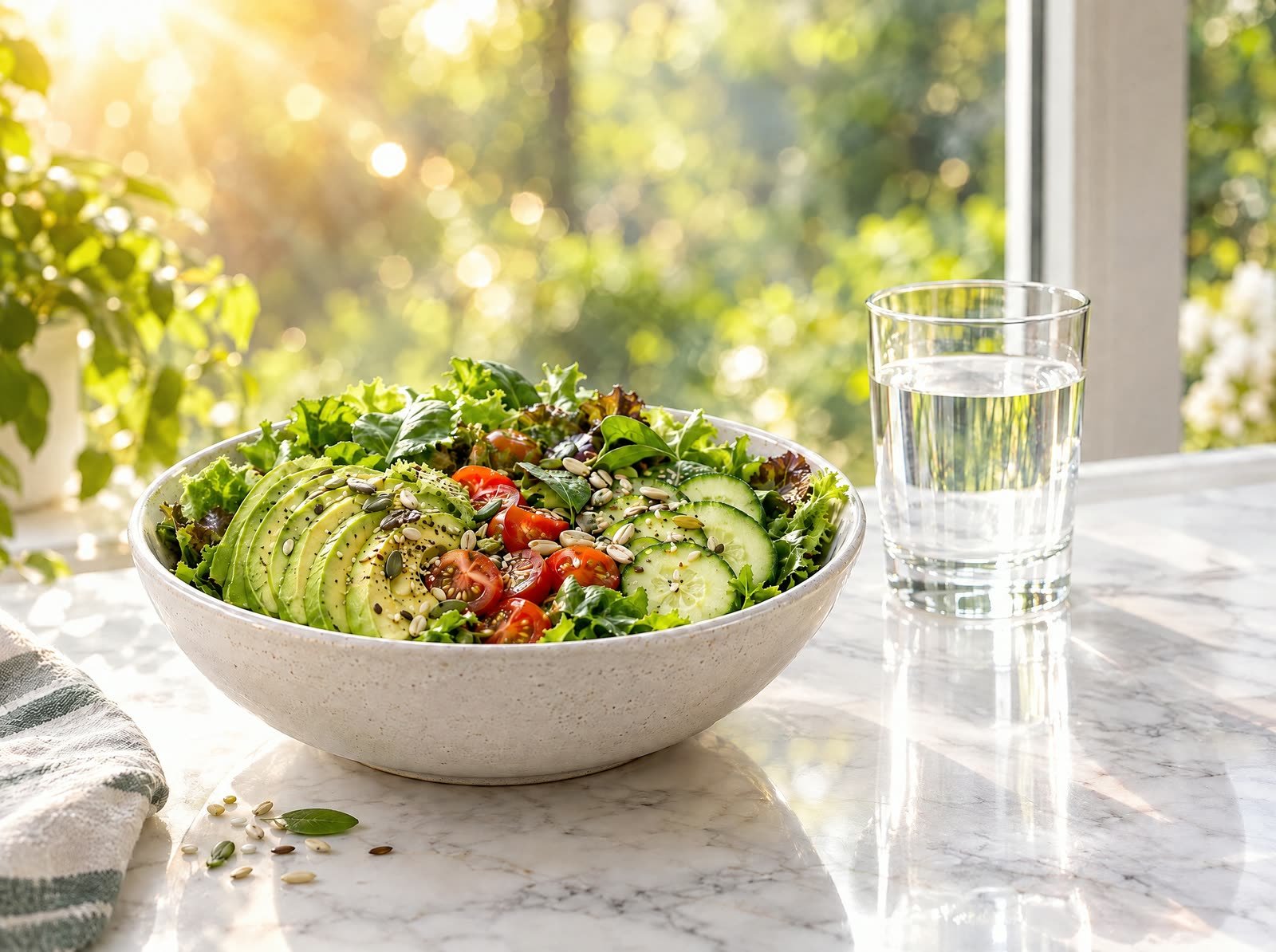 Salada com abacate, folhas, tomate e pepino ao lado de um copo de água, numa mesa de mármore perto da janela.