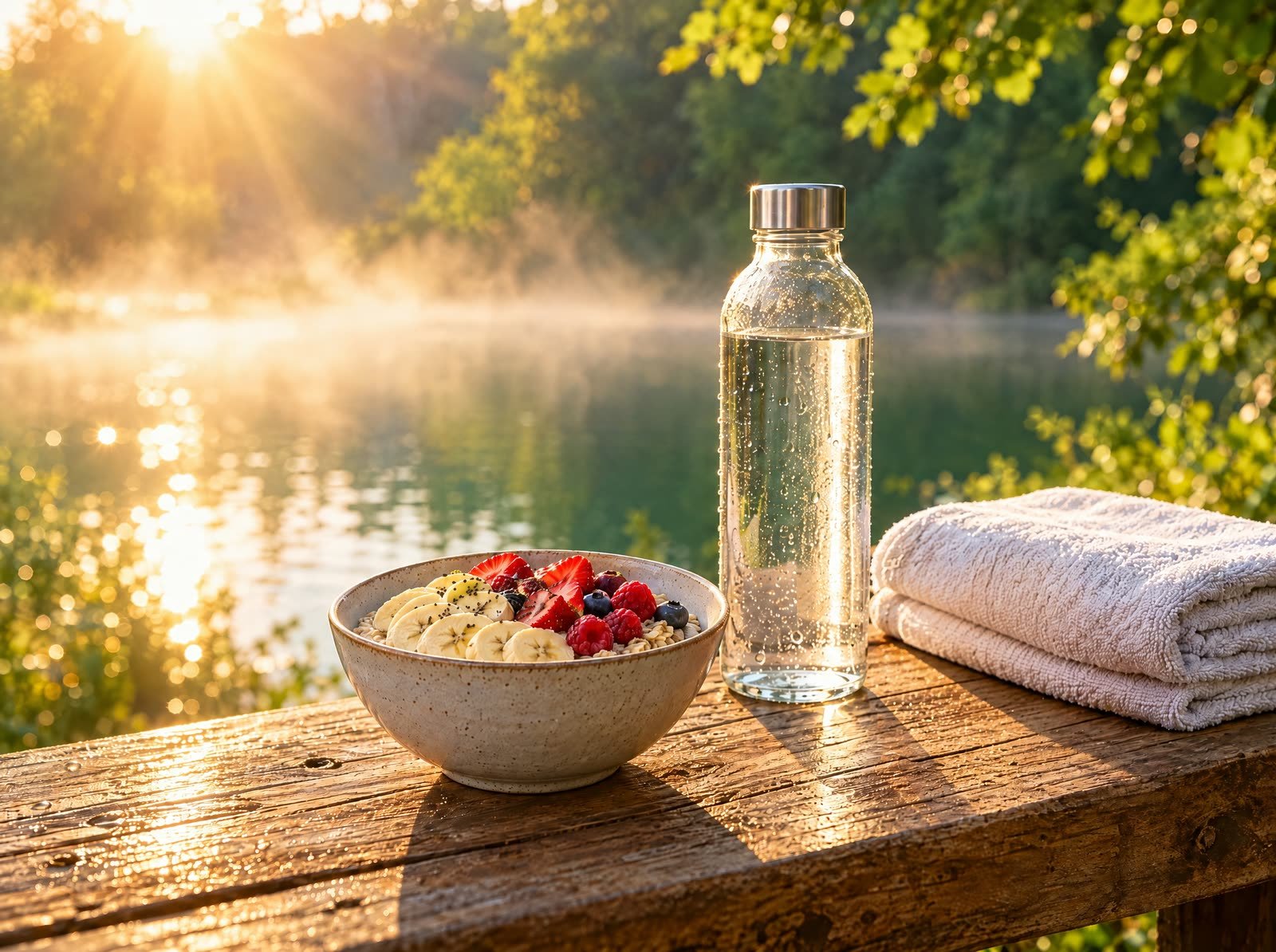 Tigela de aveia com banana e frutas vermelhas, garrafa de água e toalha num banco de madeira ao nascer do sol.